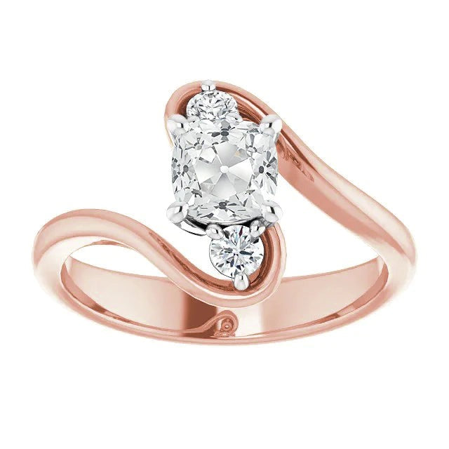 Three Stone Ring Natural Round & Cushion Old Cut Diamonds 4 Carats