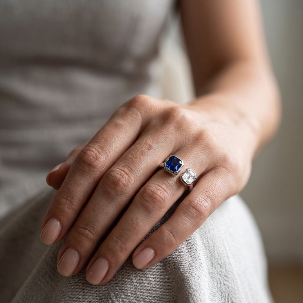 Toi et Moi Asscher Natural Earth Mined Diamond ( Not Lab Grown ) Ring Bezel Set Radiant Sapphire 2.50 Carats
