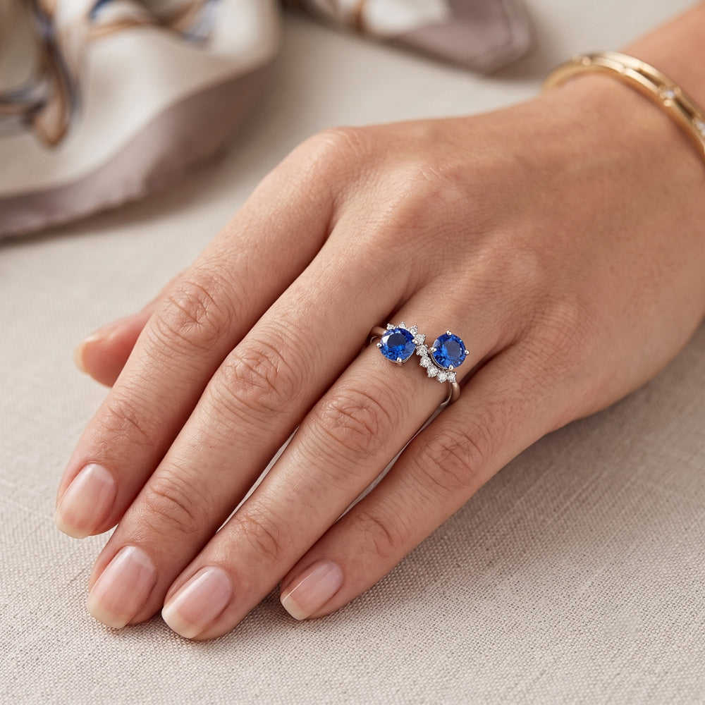 Toi et Moi Natural Earth Mined Diamond ( Not Lab Grown ) Ring 1.18 Carats Ceylon Sapphire Women Jewelry 14K