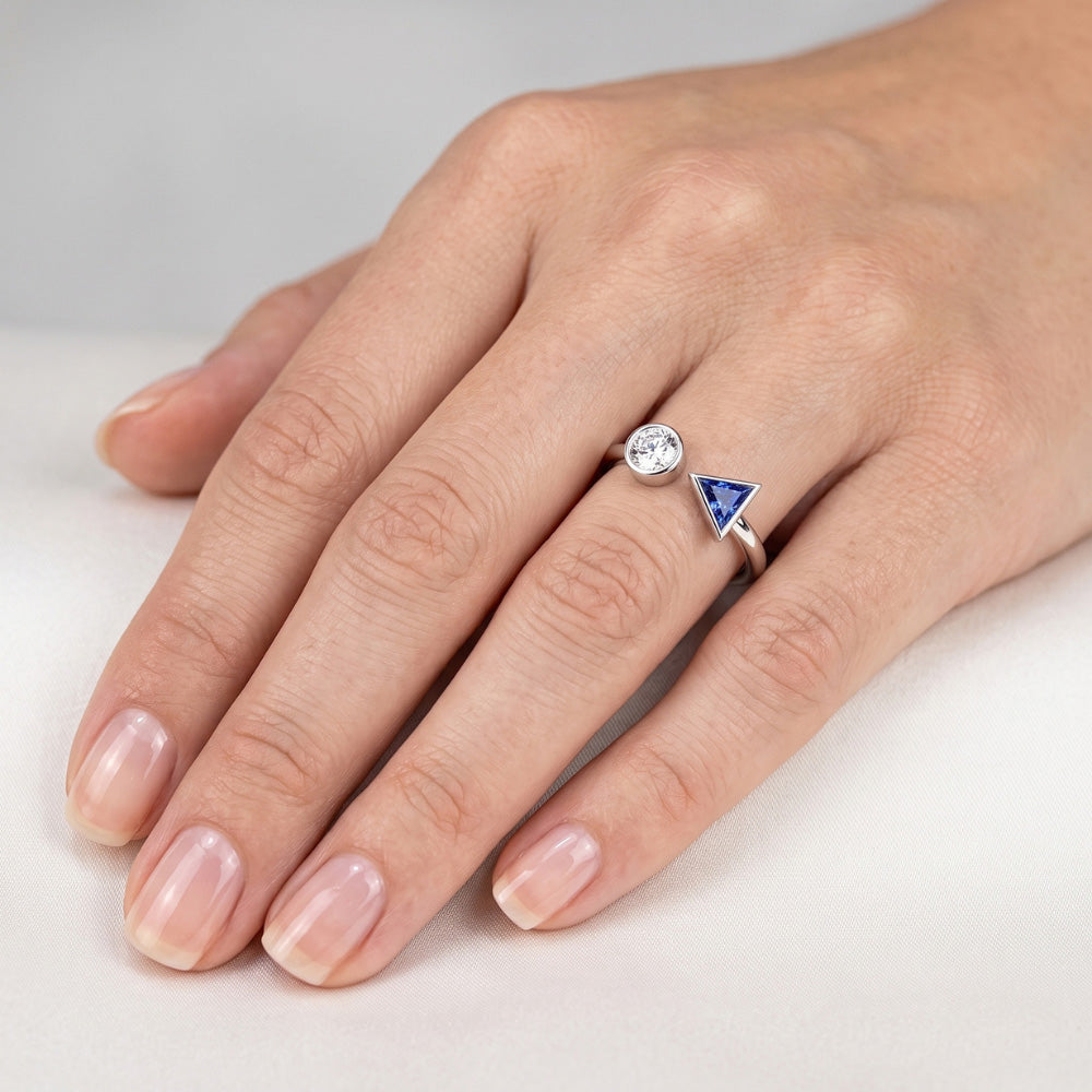 Toi et Moi Round Natural Earth Mined Diamond ( Not Lab Grown ) & Trillion Bezel Set Sapphire Ring 1 Carat