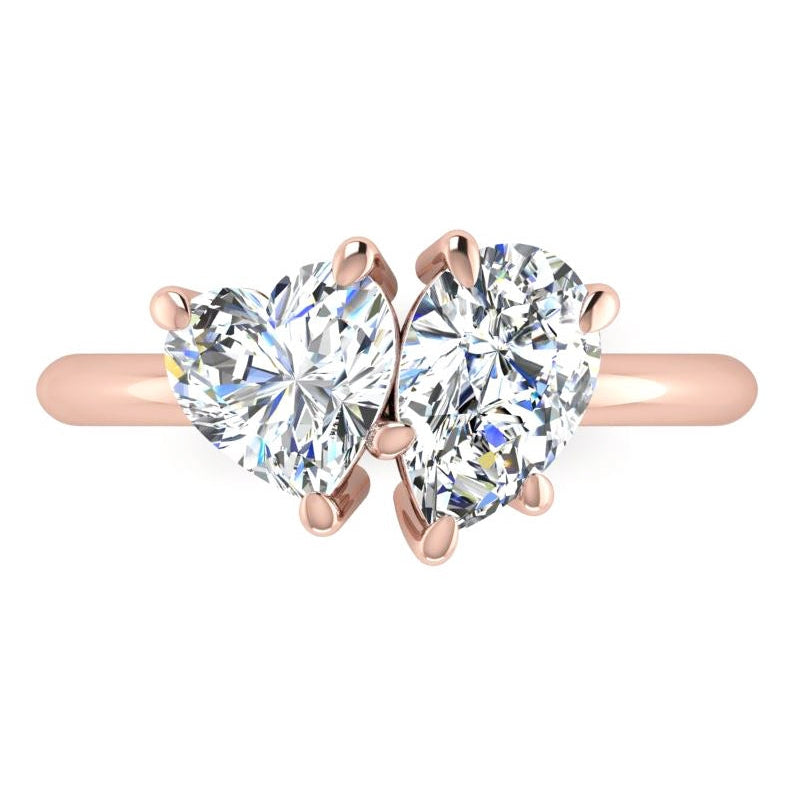 Toi Et Moi Real Diamond Ring 2 Ct Rose Gold Heart & Pear Cut