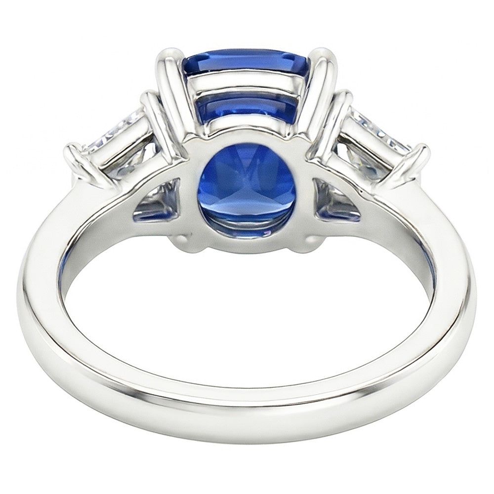 Trapezoid Natural Earth Mined Diamond ( Not Lab Grown ) & Cushion Blue Sapphire 3 Stone Ring 2.50 Carats