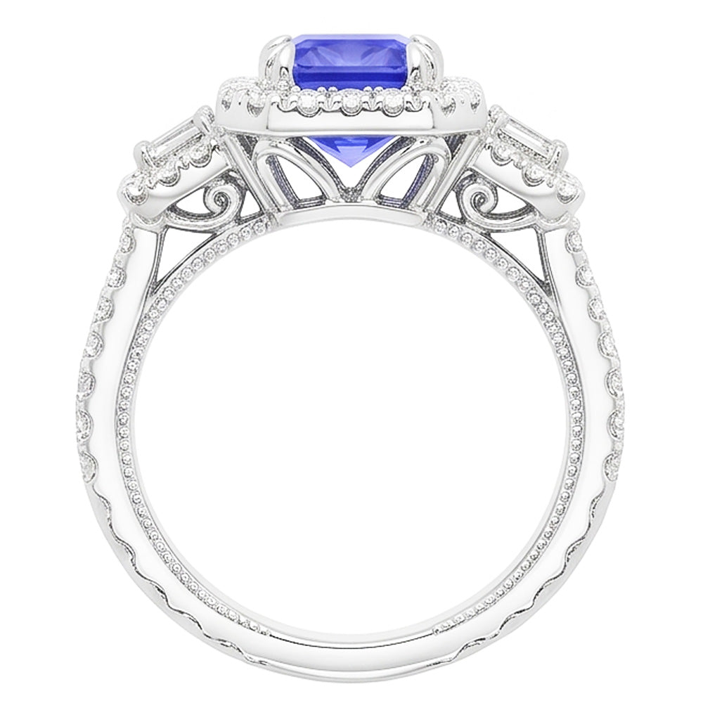 Trapezoid & Round Natural Earth Mined Diamond ( Not Lab Grown ) Halo Ring Gold Ceylon Sapphire 4.50 Carats
