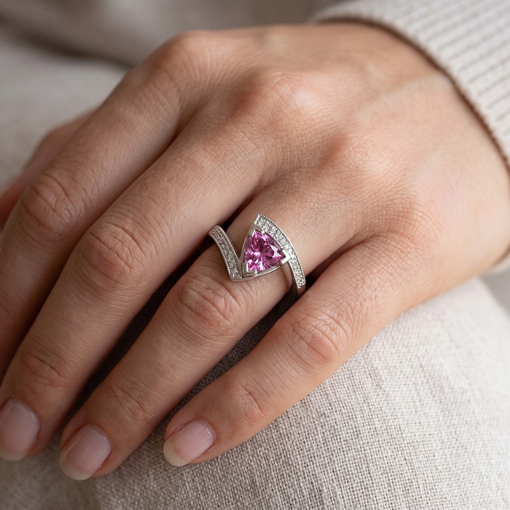 Trillion Cut Pink Sapphire Natural Earth Mined Diamond ( Not Lab Grown ) Ring White Gold Jewelry 1.25 Ct