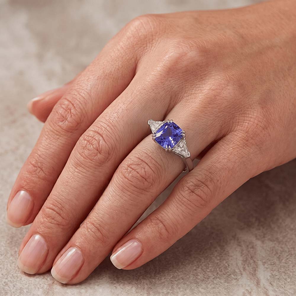 Trillion Natural Earth Mined Diamond ( Not Lab Grown ) 3 Stone Ring 2.50 Carats Double Prong Ceylon Sapphire