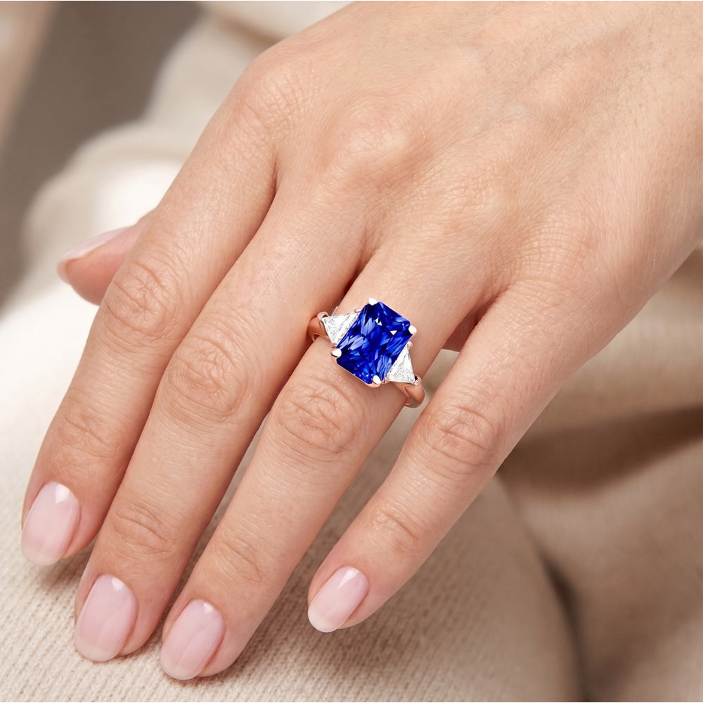 Trillion Natural Earth Mined Diamond ( Not Lab Grown ) 3 Stone Ring Radiant Sapphire Rose Gold 3 Carats