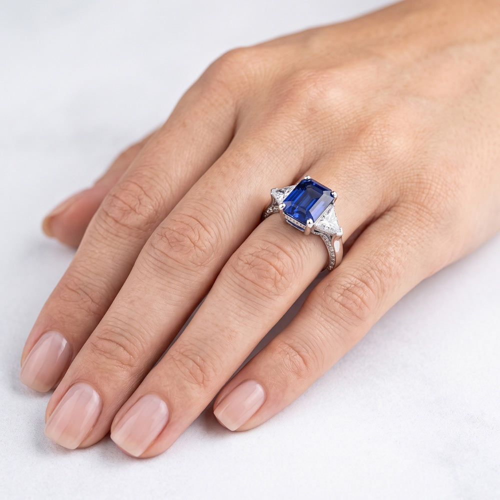 Trillion Natural Earth Mined Diamond ( Not Lab Grown ) Sapphire Ring 2 Carats Ceylon Sapphire 3 Stone Prongs
