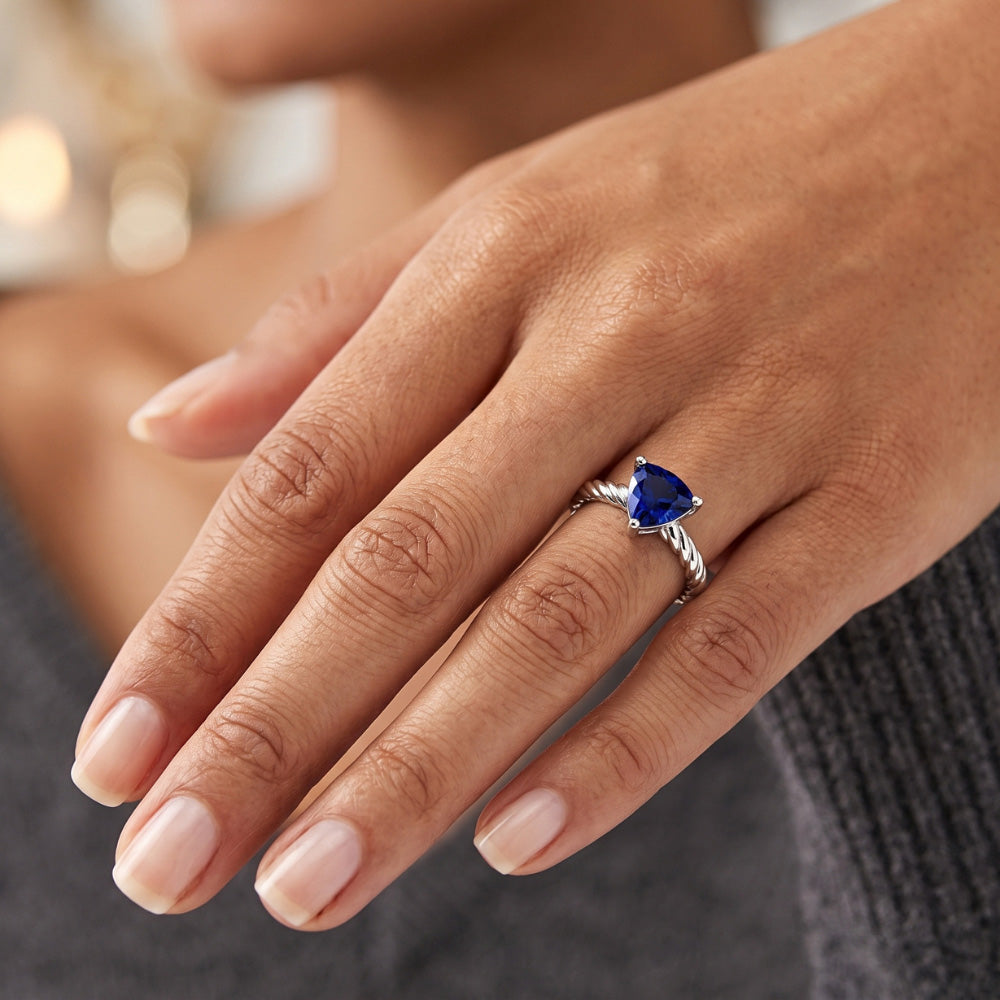 Trillion Solitaire Ring Rope Style Deep Blue Sapphire 1 Carat