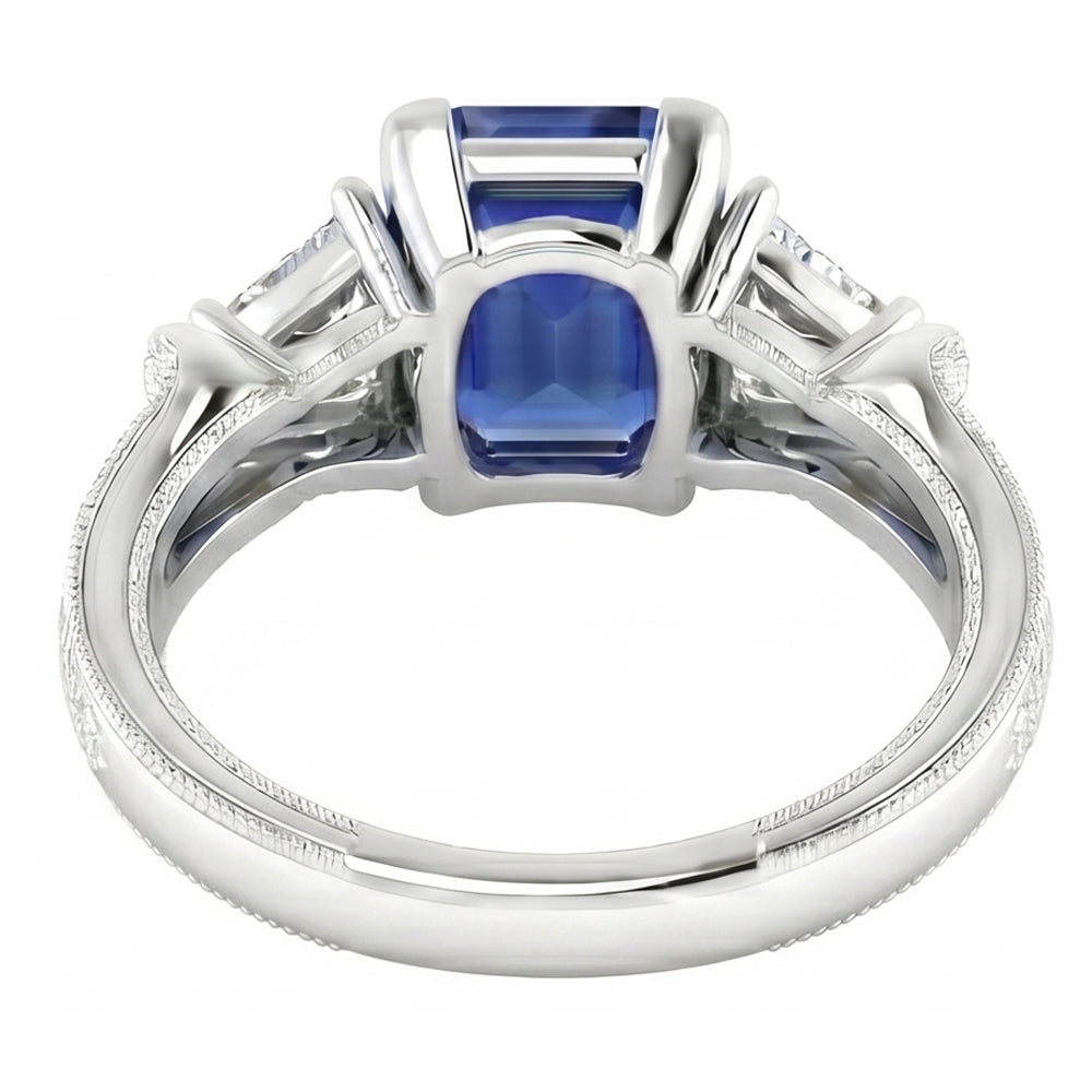 Trillion & Round Natural Earth Mined Diamond ( Not Lab Grown ) Asscher Sapphire Engagement Ring 2.50 Carats