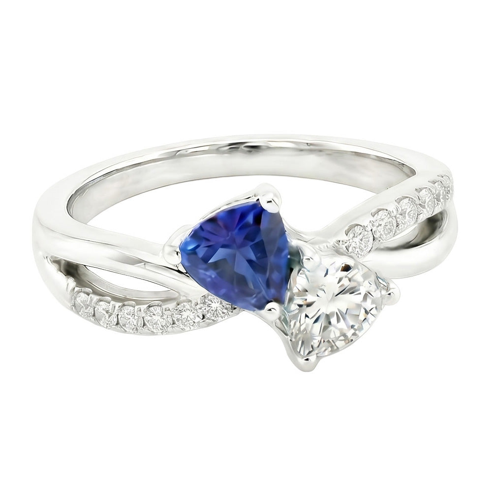 Trillion & Round Natural Earth Mined Diamond ( Not Lab Grown ) Ring Blue Sapphire 2.50 Carats Split Shank