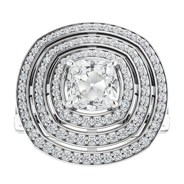 Triple Halo Ring Round & Cushion Real Old Miner Diamonds Gold 11 Carats