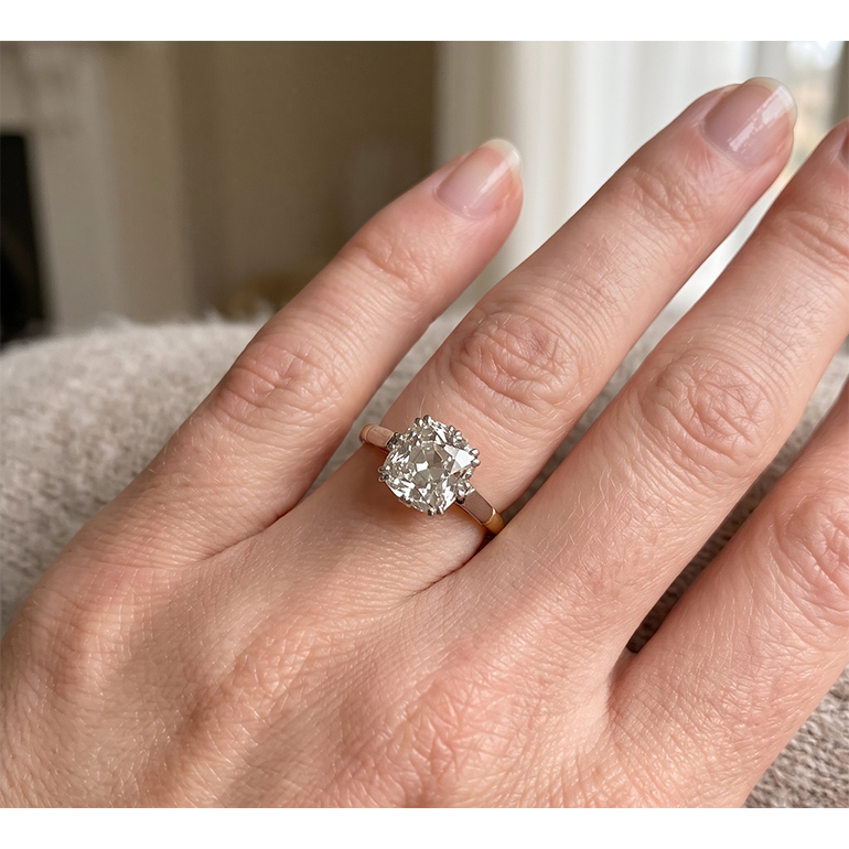 Two Tone Solitaire Engagement Ring Old Cut Cushion Natural Earth Mined Diamond ( Not Lab Grown ) 3 Carats