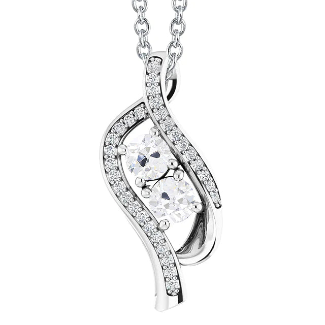 Two Stone Style Round Old Mine Cut Real Diamond Pendant 3.50 Carats