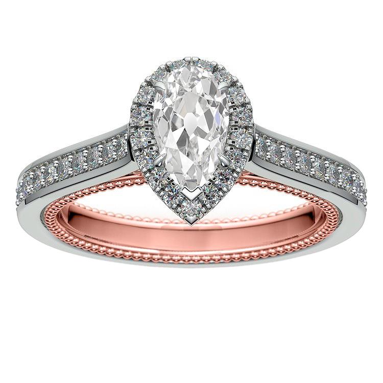 Two Tone Gold Halo Round & Pear Old Mine Cut Natural Diamond Ring 3.90 Carats