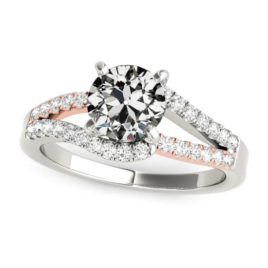 Two Tone Round Old Cut Real Diamond Ring Split Shank 3.75 Carats
