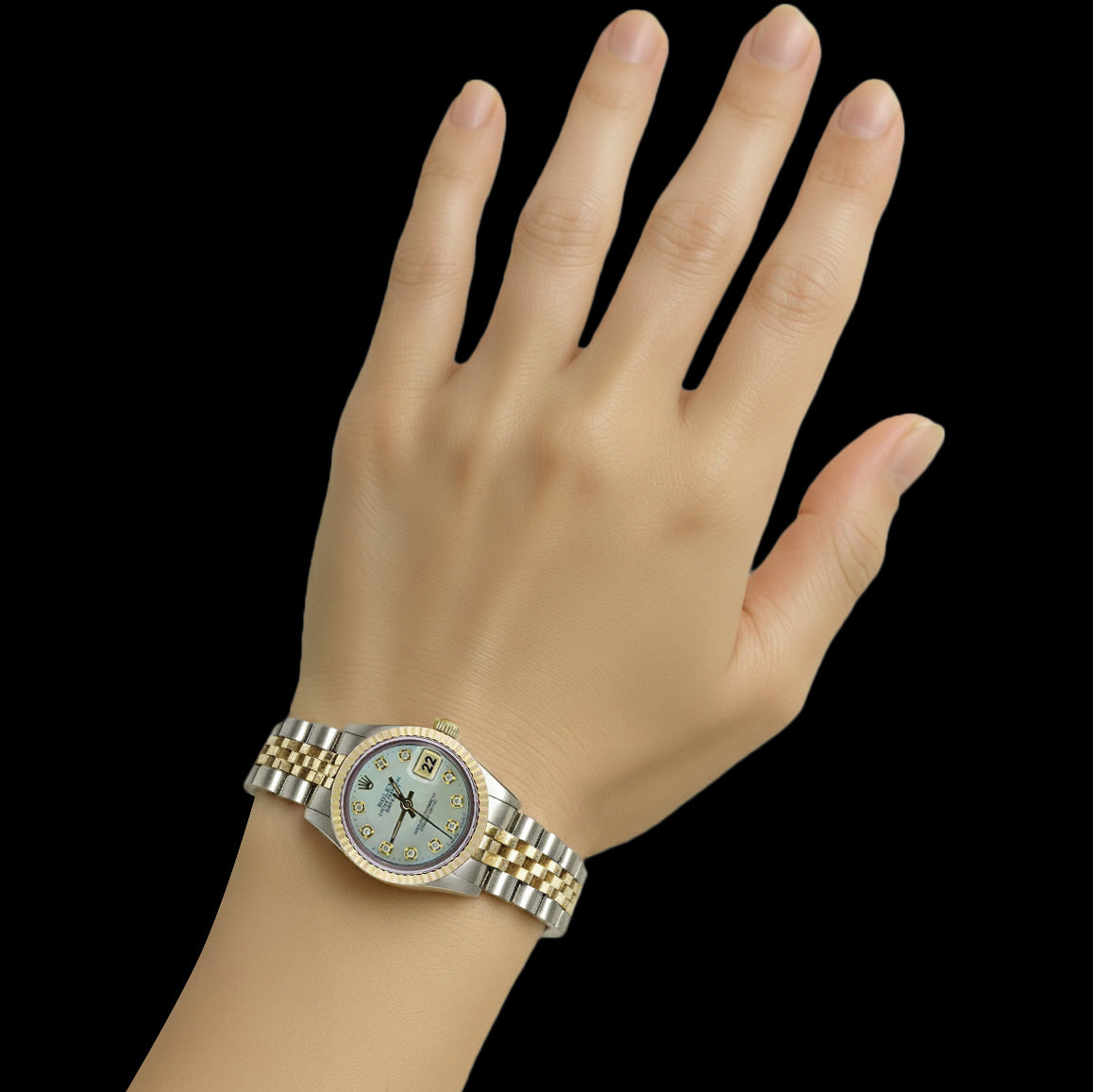 Two Tone Rolex Date Just Ladies Watch Diamond Dial Fluted Bezel P2