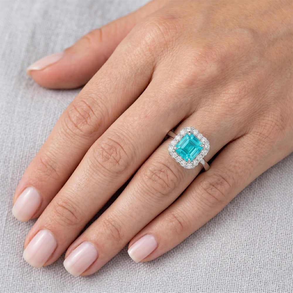 VVS Neon Paraiba Halo Ring 3.50 ct – 14K White Gold