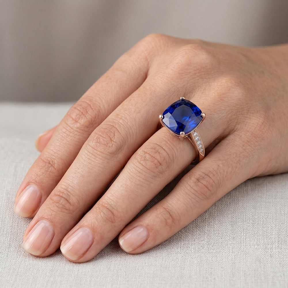 Vintage Style Ceylon Cushion Sapphire Ring 5 Carats Accents Rose Gold