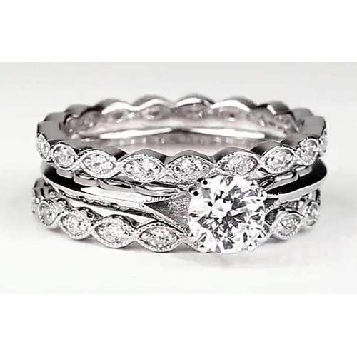 Vintage Look Round Real Diamond Engagement Ring Set White Gold 14K