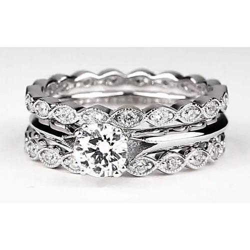 Vintage Look Round Real Diamond Engagement Ring Set White Gold 2 Carats
