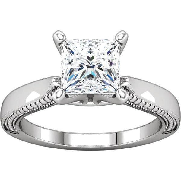 Vintage Style 2 Carat Princess Real Diamond Solitaire Ring White Gold 14K