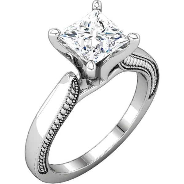 Vintage Style 2 Carat Princess Real Diamond Solitaire Ring White Gold 14K