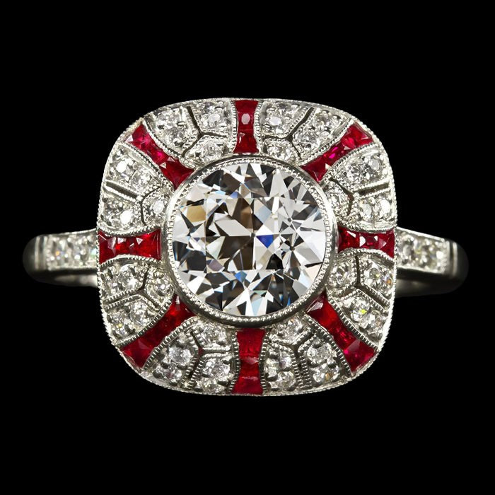 Vintage Style Halo Ring Real Old Cut Diamond Bezel Set & Rubies 5 Carats - Halo Ring-harrychadent.ca