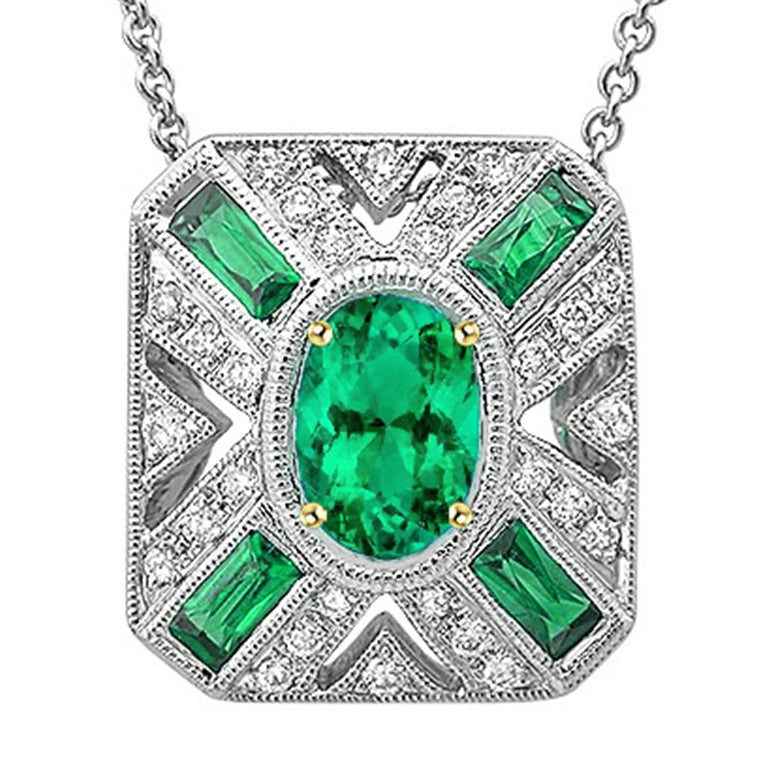 Authentic Fine Emerald Stone Pendant Necklace 3 ct 14K Two Tone Gold – main view