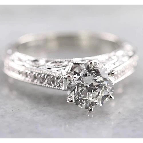 Vintage Style Real Diamond Engagement Ring 1.50 Carats White Gold 14K