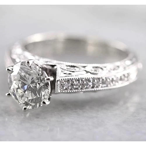 Vintage Style Real Diamond Engagement Ring 1.50 Carats White Gold 14K