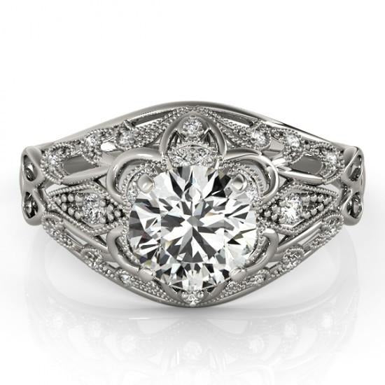 Vintage Style Real Diamond Ring With Accents 1.25 Carats White Gold 14K - Solitaire Ring with Accents-harrychadent.ca