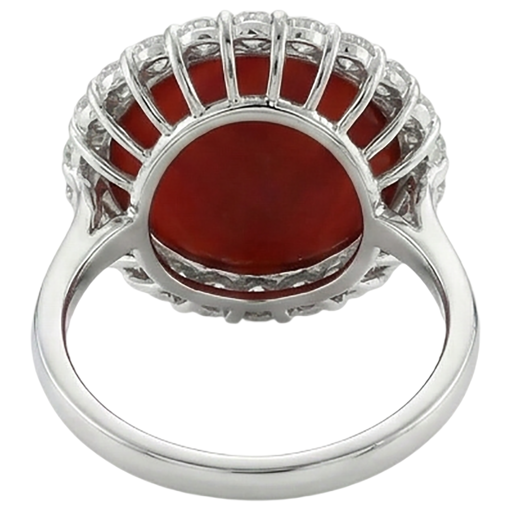 White Gold 14K 15 Carats Red Coral And Natural Earth Mined Diamond ( Not Lab Grown )s Engagement Ring