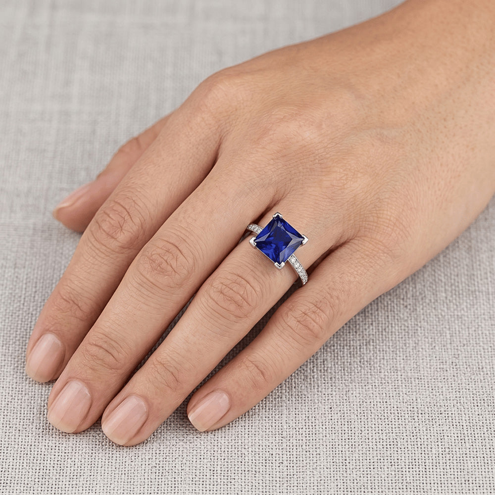 White Gold Engagement Ring Princess Blue Sapphire & Natural Earth Mined Diamond ( Not Lab Grown ) 4 Carats