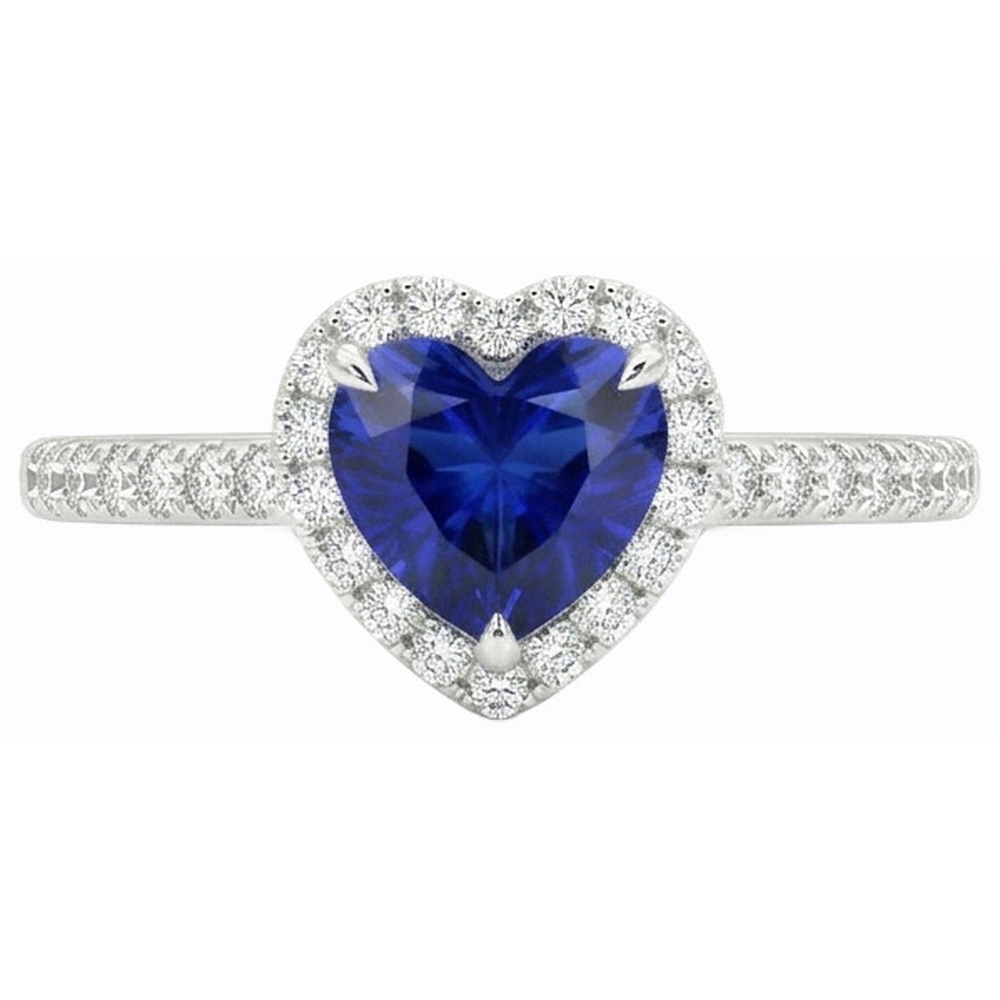 White Gold Halo Heart Ceylon Sapphire Ring & Pave Set Natural Earth Mined Diamond ( Not Lab Grown ) 3 Carats