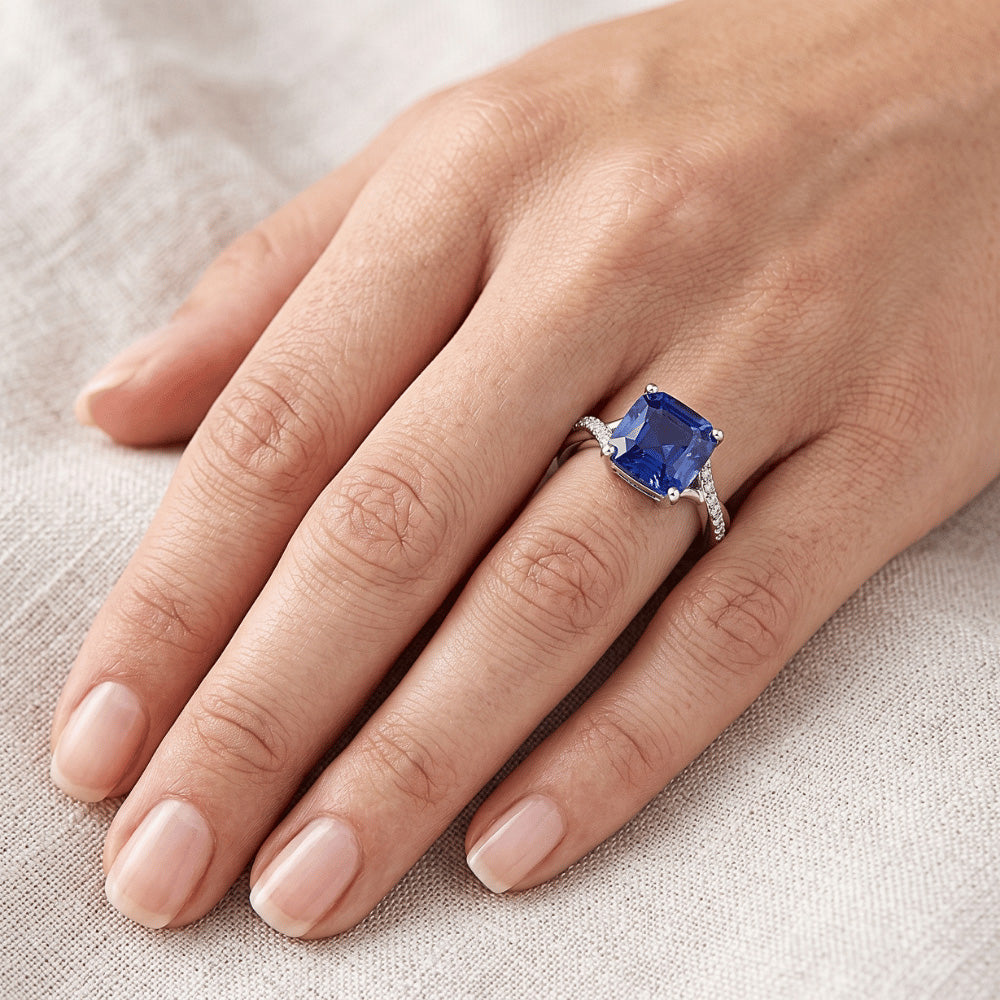 White Gold Solitaire Blue Sapphire Ring With Accents 4.50 Carats
