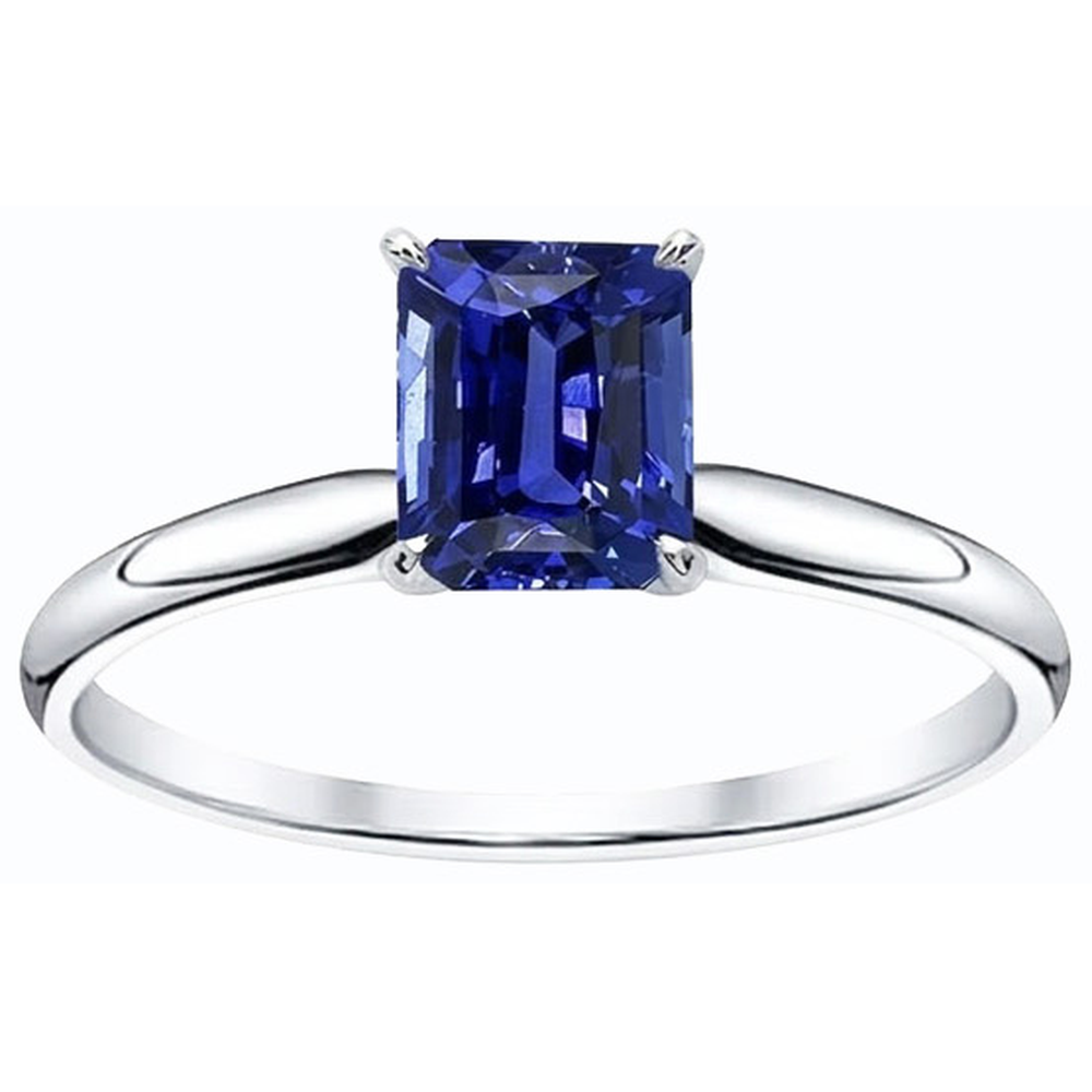 White Gold Solitaire Emerald Natural Blue Sapphire Ring 2 Carats