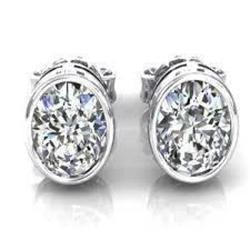 White Gold 14K 2 Carats Bezel Set Round Genuine Diamond Stud Women Earring