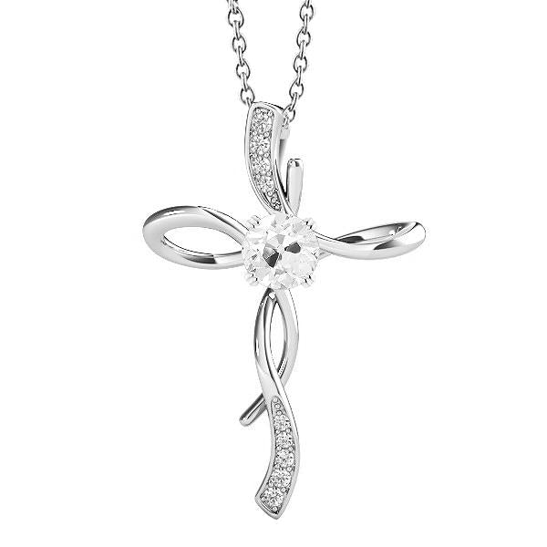 White Gold 14K Cross Pendant Old Mine Cut Real Diamond 2 Carats