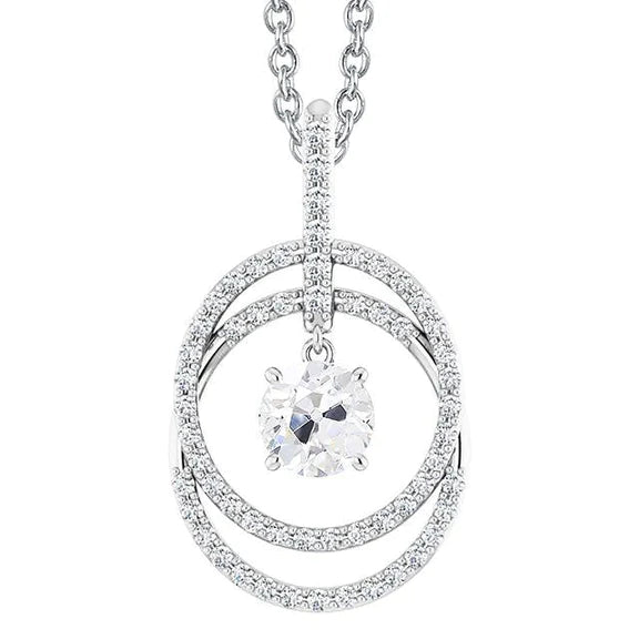 White Gold 14K Old Cut Genuine Diamond Circle Pendant Prong Set 3 Carats