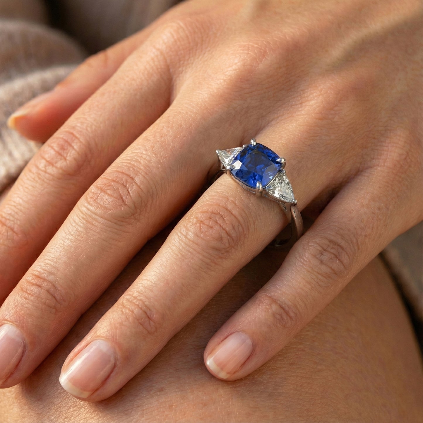White Gold Cushion Ceylon Blue Sapphire Natural Earth Mined Diamond ( Not Lab Grown ) 3 Carats 3-Stone Ring