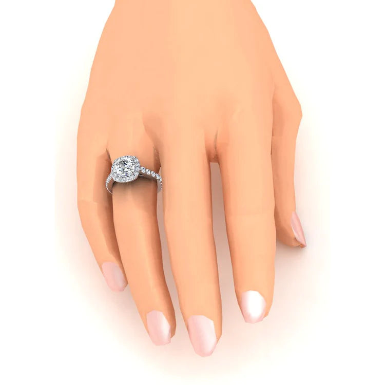 White Gold Cushion Halo Real Diamond Ring 3.65 Carats Cathedral Setting