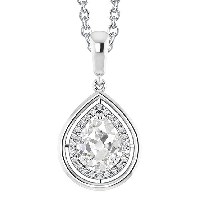 White Gold Halo Real Diamond Pendant Round & Pear Old Mine Cut 3 Carats