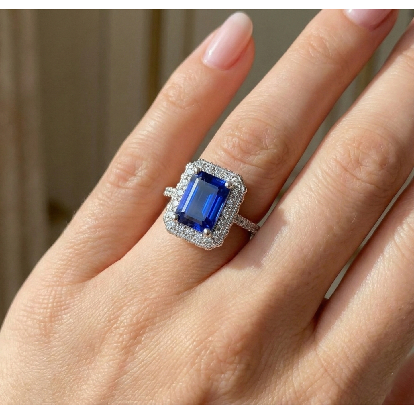 White Gold Halo Ring Emerald Ceylon Sapphire & Natural Earth Mined Diamond ( Not Lab Grown ) 4.25 Carats