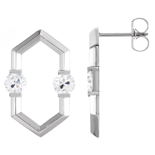 White Gold Hexagon Real Diamond Stud Earrings 2 Carats Round Old Miner
