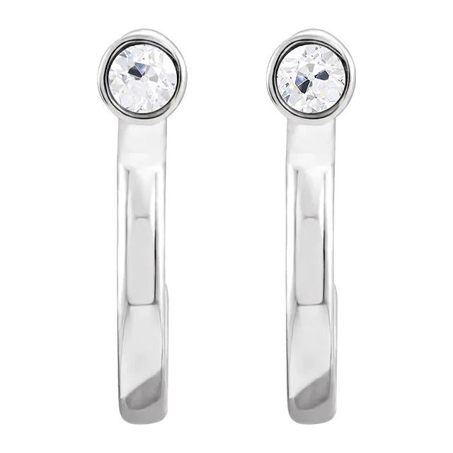 White Gold Ladies Open Hoop Earrings Old Miner Bezel Set Natural 2 Carats