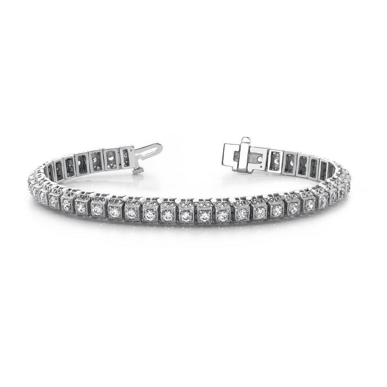 White Gold Milgrain Square Style Link Real Round Diamond Bracelet 6 Ct