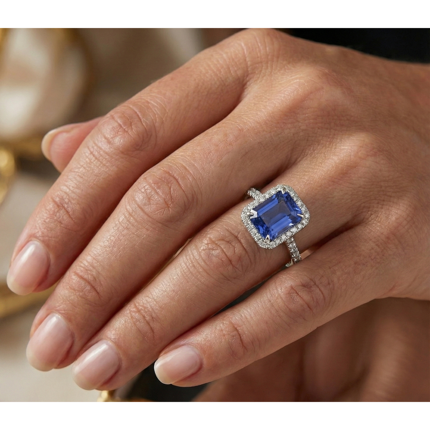 White Gold Natural Earth Mined Diamond ( Not Lab Grown ) Ring Women's Halo Radiant Cut Sapphire 4 Carats