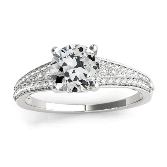 White Gold Old Mine Cut Genuine Diamond Ring Prong Set Milgrain 4 Carats