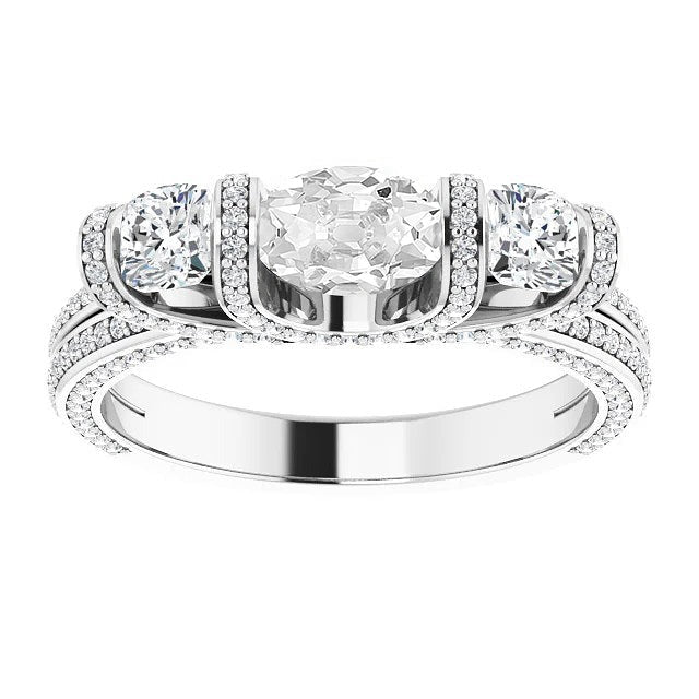 White Gold Oval Old Miner Real Diamond Ring Prong Bar Set 10.65 Carats