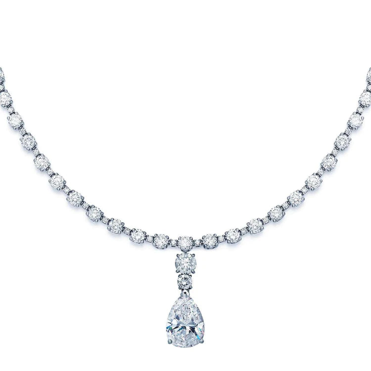 White Gold Women Jewelry Pear & Round Real Diamond Necklace 16.50 Carats